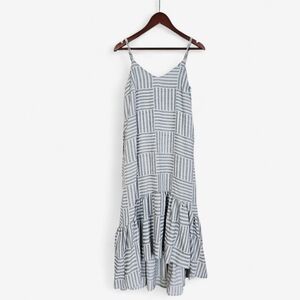 Lucca Patchwork Blue Striped Ruffle Hem Relaxed High Low Poplin Midi Dress XS